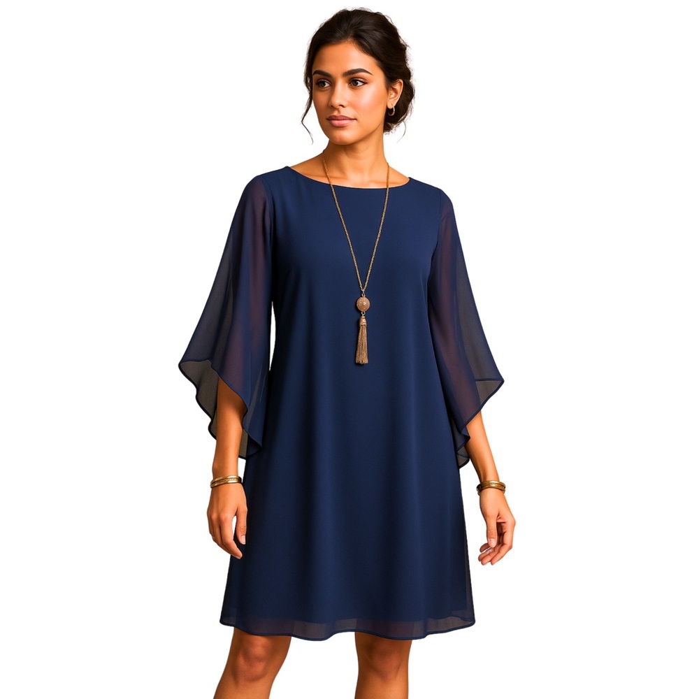 SLNY Navy Blue Chiffon Sheath Dress 3/4 Split Sleeve Size 12 + Necklace